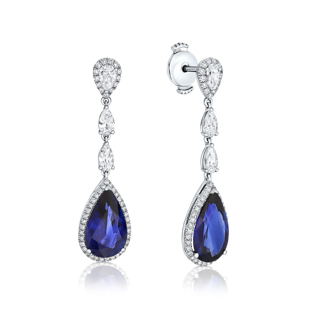 Blue pairshape Sapphire and diamonds earrings