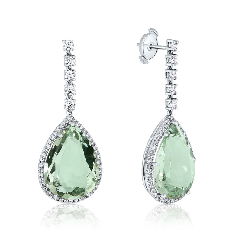 pear shape green ametist and diamonds earrings