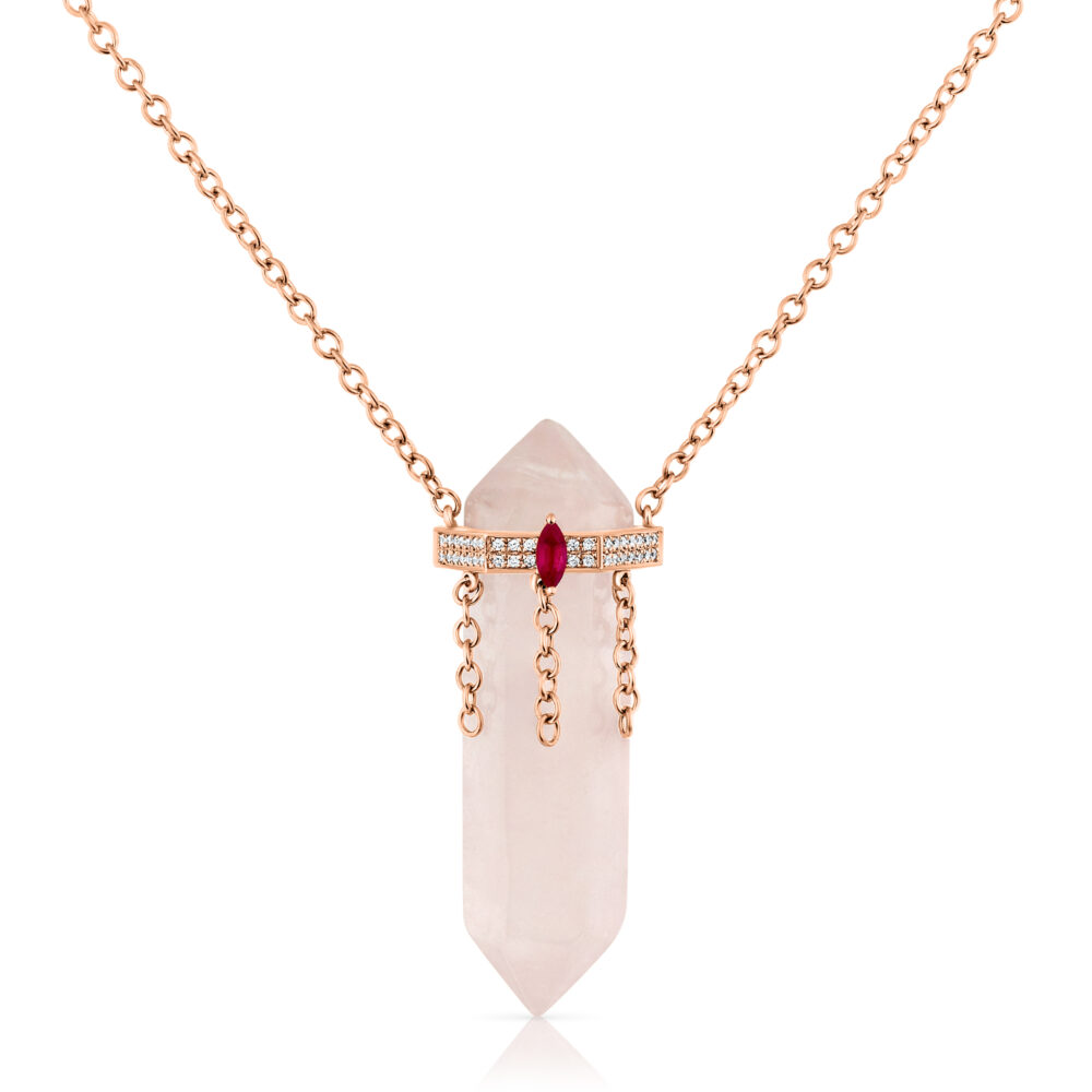 rose quartz crystal and marquise shape ruby