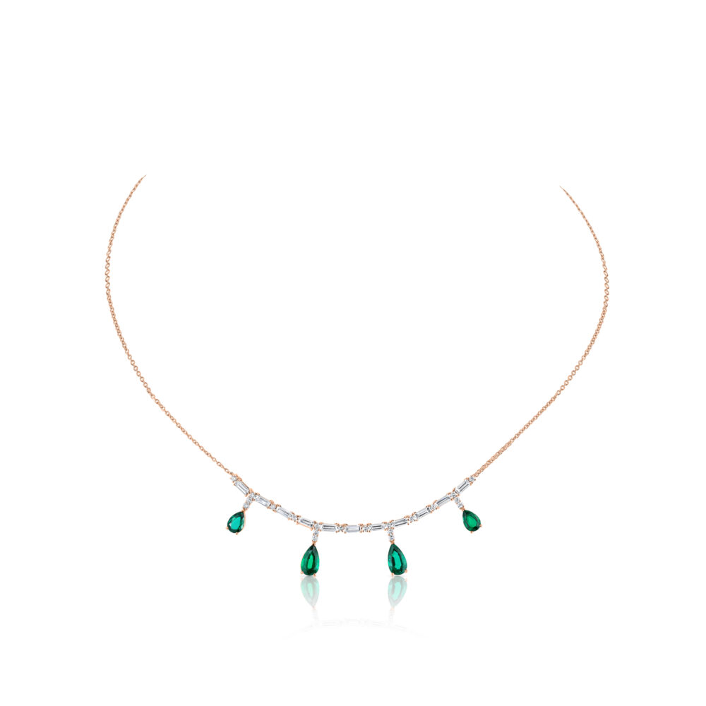 pear shape emerald and bagguette shape diamonds necklace