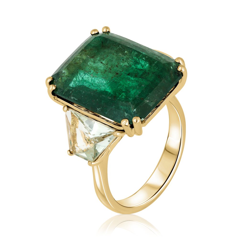 radiant shape emerald and trapez shape green ametist ring